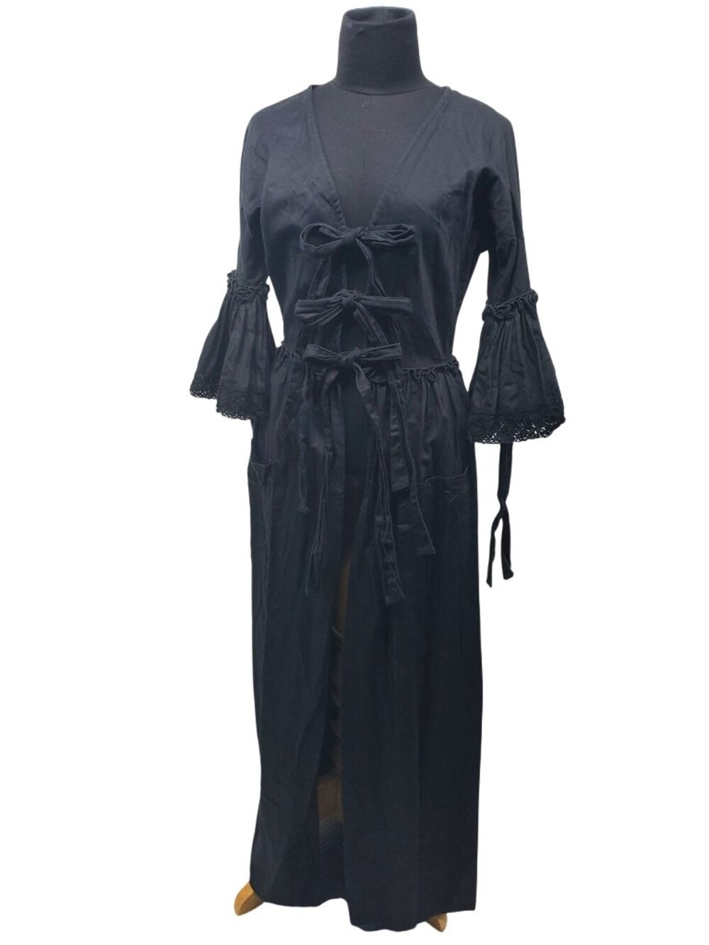 Madde Vintage Nightwear 100% Cotton Bell Sleeve Robe Bows Pockets Victorian